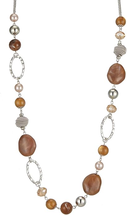 BULINLIN Beaded Long Necklace for Women Silver Sweater Chain Necklace with Crystal Resin Beads, Fashion Jewelry Necklace