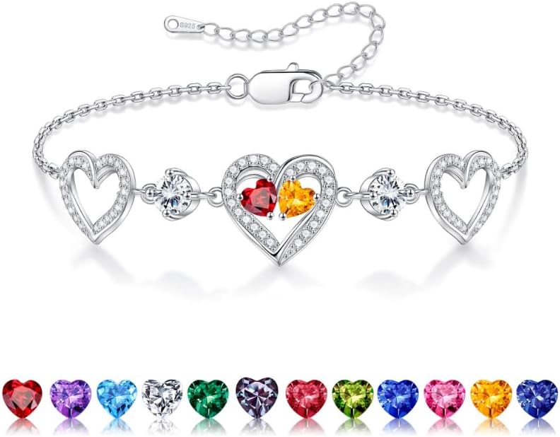Iefil Valentines Day Gifts for Her - 925 Sterling Silver Heart Birthstone Bracelet Birthday Anniversary Jewelry Gifts for Her Wife