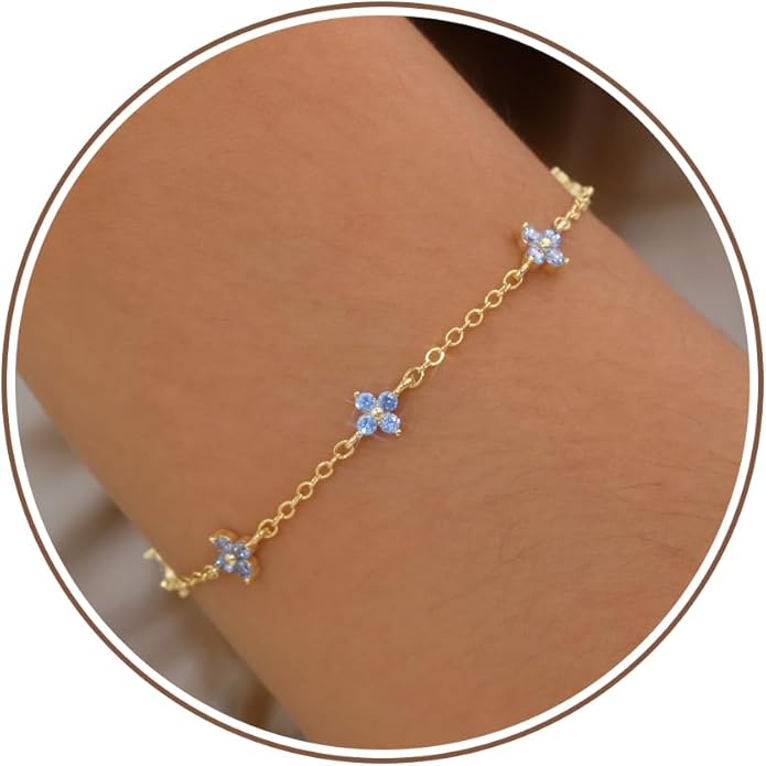 JSJOY Birthstone Bracelets for Women, 14K Gold Bracelets for Women Mom Gifts Birthday Valentines Day Gifts for Gf Dainty Flower Gift for Her Birthstone Bracelet Mothers Day Gift