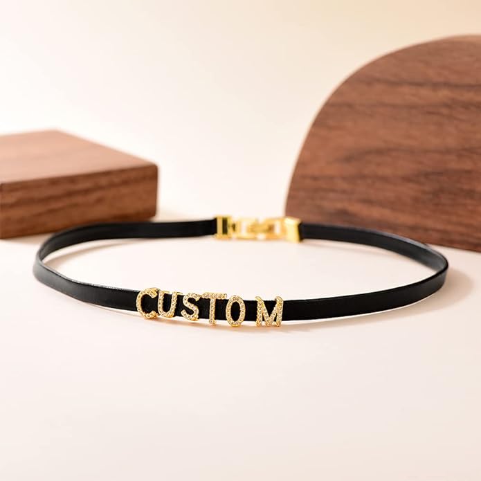Custom4U Personalized Black Leather Choker Necklace with Picture/Name/Initials/Letters Charm,Custom Made Adjustable Choker Collar Gothic Punk Necklaces Jewelry Gifts for Women