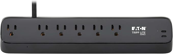 Eaton Tripp Lite series Desk Clamp Power Strip Surge Protector, 6-Outlets, 2x 30W USB-C Charging Ports, 900 Joules, 10ft Braided Flat Extension Cord, Lifetime Manufacturer's Warranty (TLP610U30CLAMPB)