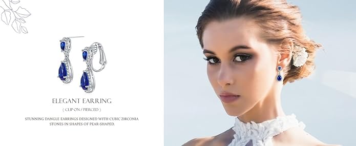 Vintage Style Bridal Cubic Zirconia Simulated Gemstone AAA CZ Halo Dangle Teardrop Chandelier Clip On Earrings For Women Silver Rose Gold Plated in Black Purple Blue Red Rose Pink Green Clear