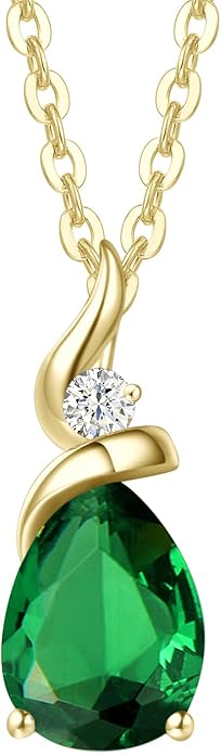 FANCIME 14K Solid Yellow Gold Birthstone Pendant Necklace for Women with Diamond Pear Shaped Teardrop Necklace Birthday Gifts for Mom Women Sterling Silver Chain 16" + 2" Extender