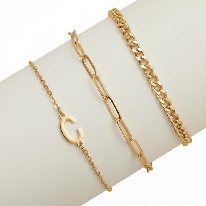 14K Gold Plated Bracelets for Women, A–Z Initial Charm Bangles Jewelry Set, Elegant Gold Accessories, Friendship Bracelet Gifts for Mom