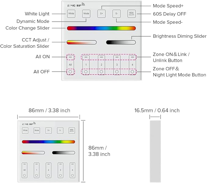 BTF-LIGHTING WR01RF Wireless 2.4G RF 4 Zones RGB RGBW RGBCCT Wall Mounted Smart Panel Remote Powered by 2XAAA Batteries 3V Work with DR03W DR04W WB5 LM052 C03RF C04RF C05RF C03W C04W C05W Controller