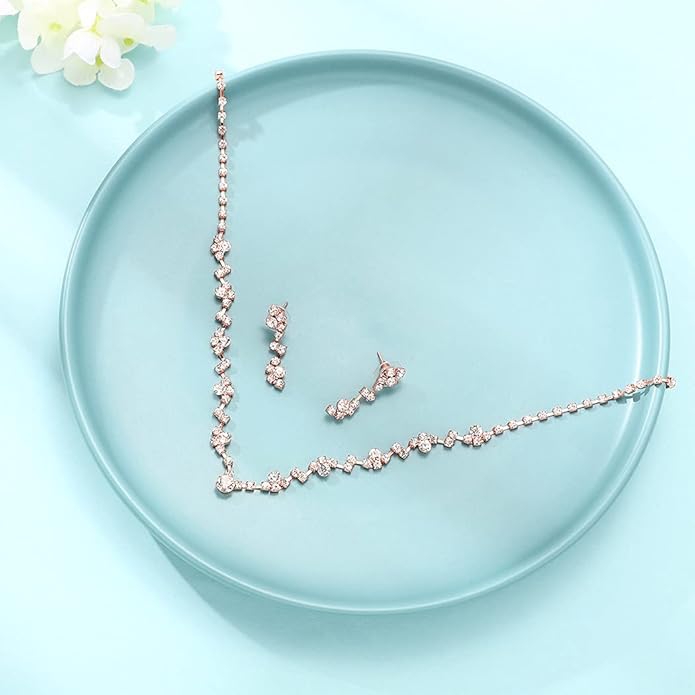 Unicra Bride Crystal Necklace Earrings Set Bridal Wedding Jewelry Sets Rhinestone Choker Necklace Costume Jewelry Set for Women and Brides (3 piece set - 2 earrings and 1 necklace)