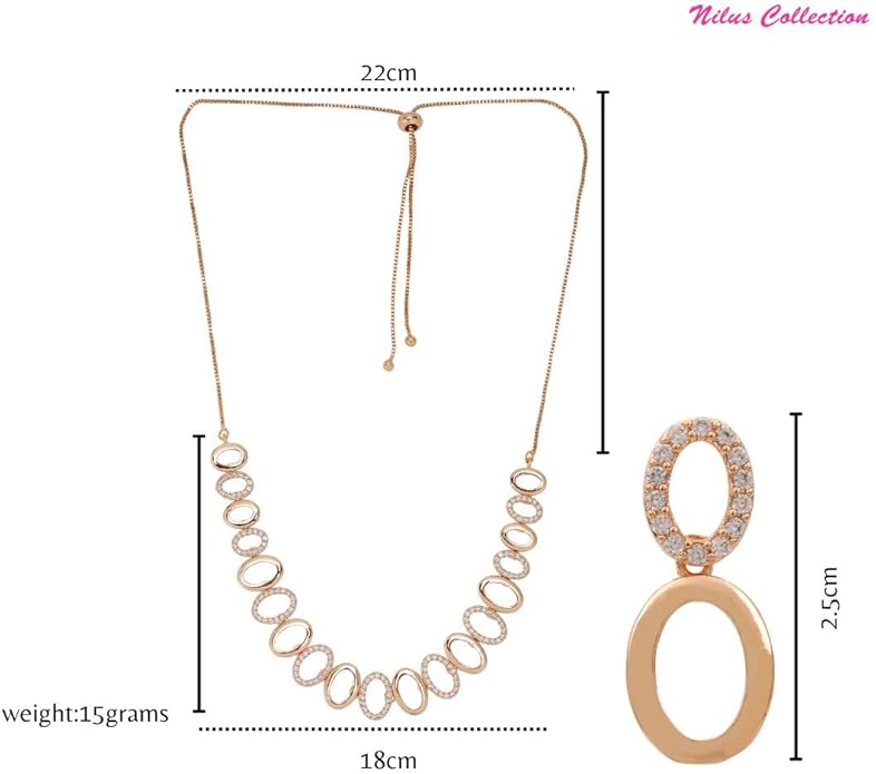 Nilu's Collection American Diamond Stone Studded | Rose Gold/Silver Plated | Anti Tarnish Jewellery Set for Women | Matching Earrings Perfect for Weddings and Special Occasions