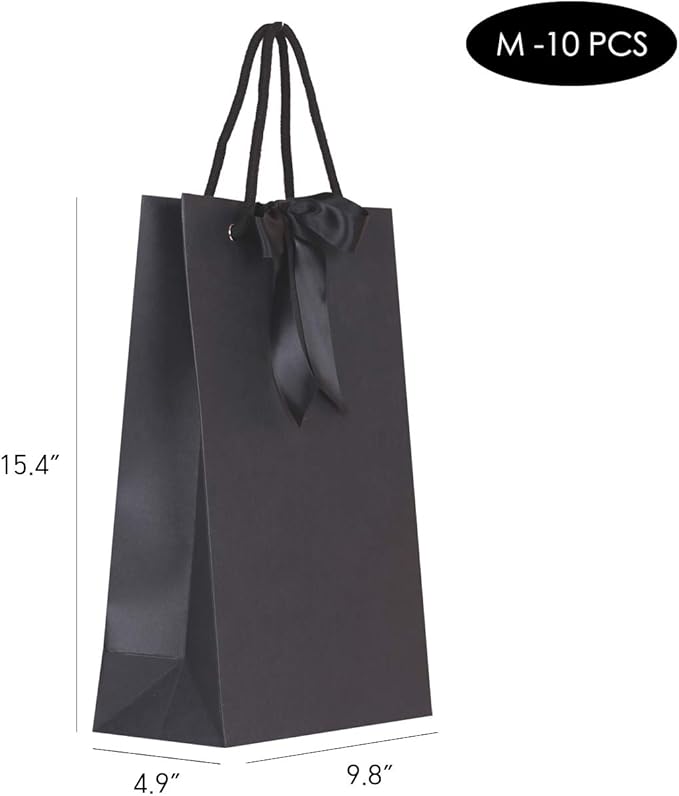 PAPERIST 10pcs Elegance Gift Bag with Satin Bows Ribbon, Sturdy Durable Thick Gift Bag, Black gift bag with Black handle and Ribbon, Gift bag for Wedding, Christmas, Birthday Party, Bridal Shower