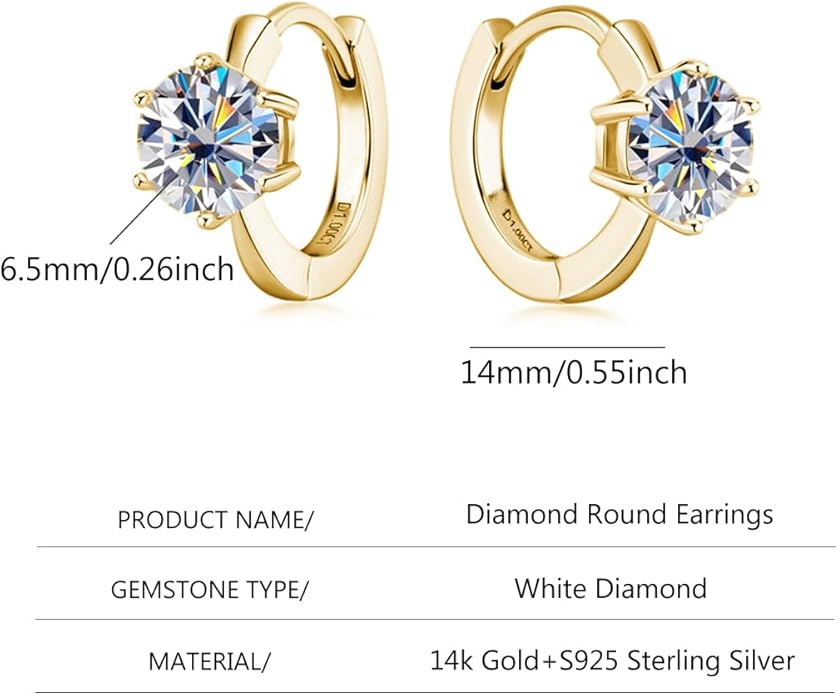 14K Gold Over S925 Sterling Silver 1ct VVS1 D-color Diamond Hoop Earrings for Women, Six-Prong Design, Ideal for Birthday Gifts for Wife