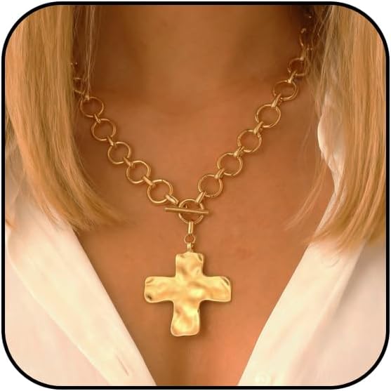 Gold Chunky Cross Pendant Necklace for Women Silver Layered Statement Wide Cross Necklace Golden Vintage Bold Hammered Crosses Charm Necklace Jewelry