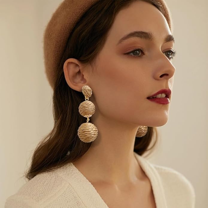 4 Pairs Handmade Raffia Rattan Bohemian Round Drop Dangle Earrings for Women, Boho Statement Cute Fun Hoop Earrings Set
