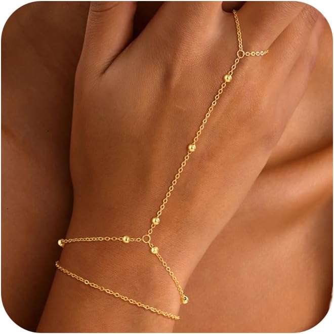 Valentine Gift 14K Gold Plated Hand Chain Bracelet for Women Trendy, 2 Pcs Stackable Gold/Silver Finger Ring Bracelet Hand Chain Dainty Non Tarnish Waterproof Set Jewelry Adjustable 7'+2