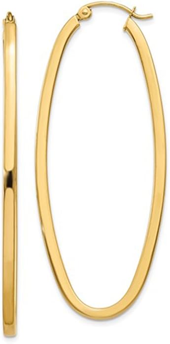 14K Gold Oval Hoop Earrings, (31-52mm) (2mm Tube)