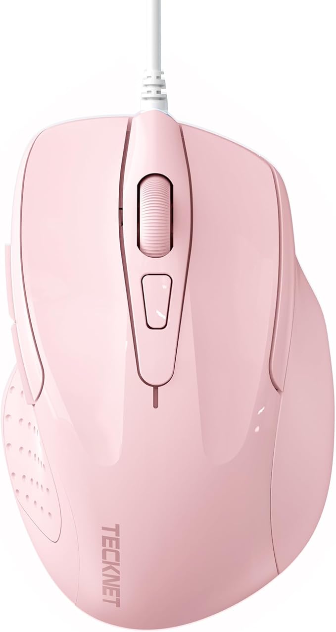 TECKNET Wired Mouse, 6-Button Corded with 4 Adjustable DPI, Optical Ergonomic Design, 5FT Cord for Laptop, Chromebook, PC, Desktop, Mac, Notebook - Pink