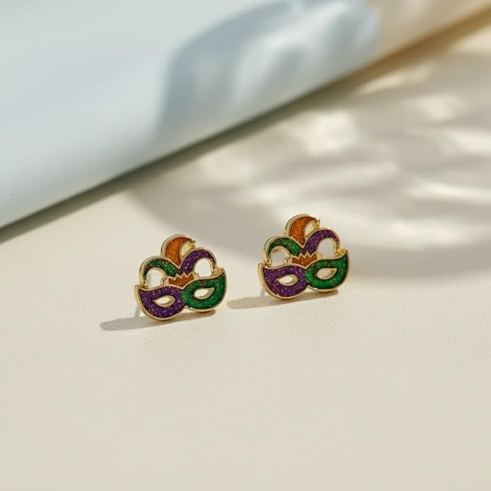MardiGras Stud Earrings for Women Glitter Delicate Compact Flower Mask Hat Lips Stud Earring Charm Green Purple Gold Carnival Earring Cute MardiGras Jewelry Accessories for Women