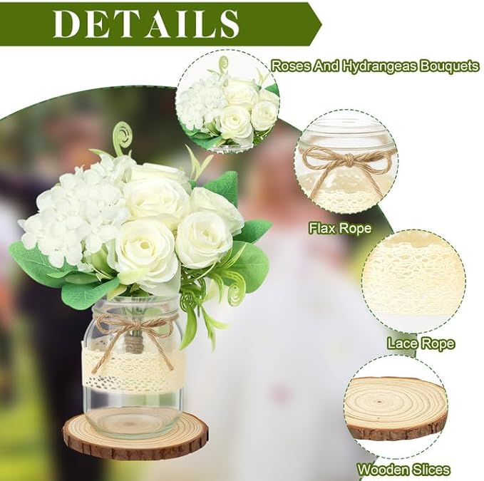 Set 10 Mason Jar Table Centerpiece - Wedding Centerpieces for Tables, Mason Jar Flower Centerpiece Vases Decor- Boho Farmhouse Rustic for Engagement, Bridal Shower, Wedding, Versatile Decor (White)