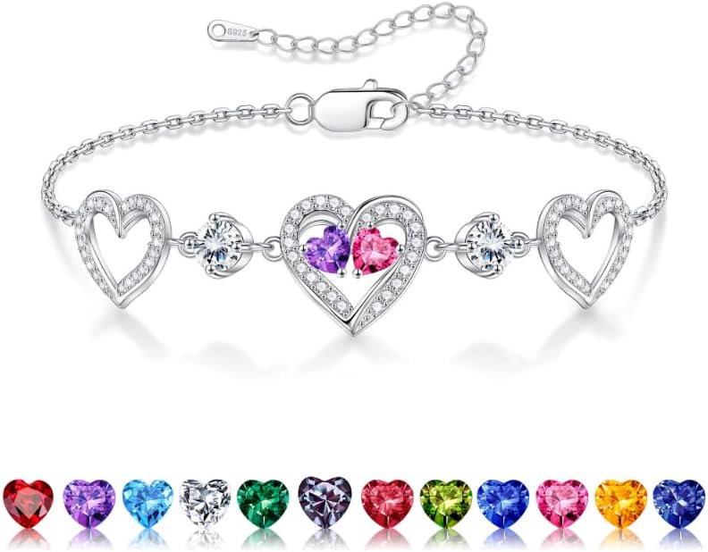 Iefil Valentines Day Gifts for Her - 925 Sterling Silver Heart Birthstone Bracelet Birthday Anniversary Jewelry Gifts for Her Wife
