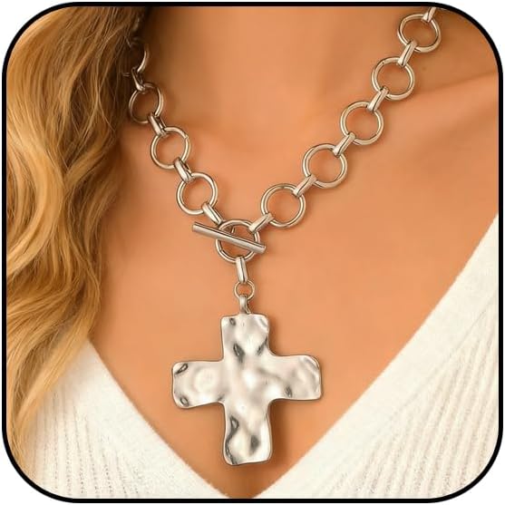 Gold Chunky Cross Pendant Necklace for Women Silver Layered Statement Wide Cross Necklace Golden Vintage Bold Hammered Crosses Charm Necklace Jewelry