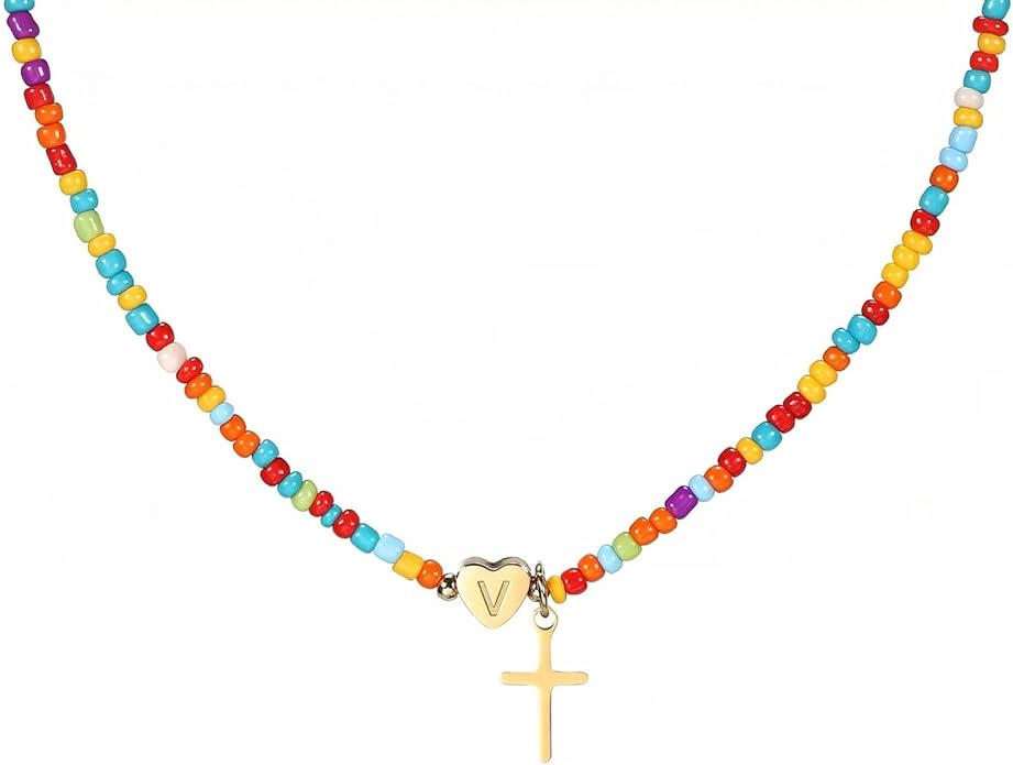 Colorful Initial Cross Necklace for Girls Women Kids - Teen Girls Gifts Trendy Stuff Beaded Letter Cross Choker Necklace for Girls Gifts Jewelry