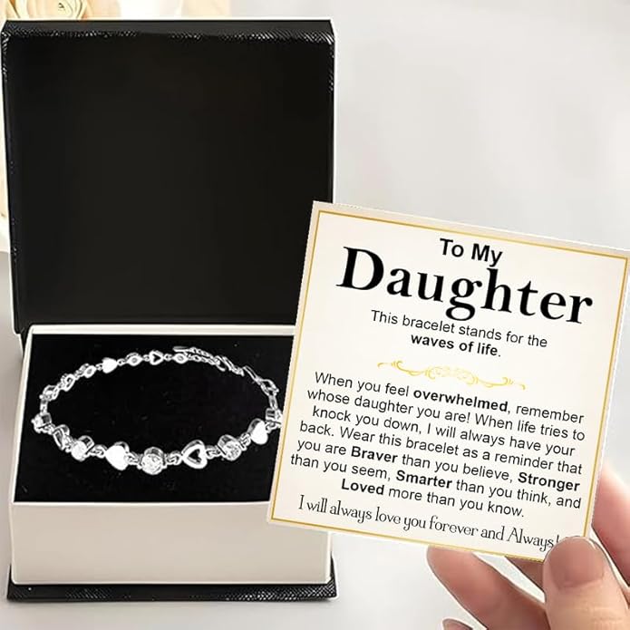 To My Daughter Bracelet, Silver Heart Chain Bracelet with Shiny Stones, Perfect Birthday or Graduation Christmas Gift for Daughter with Message Card and Gift Box