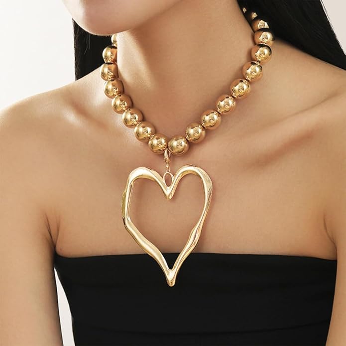 Unique Big Chunky Gold Heart Beads Necklace for Women, Charm Large Thick Hollow Love Heart Pendant Beaded Chain Choker Necklaces Party Y2K Jewelry Gift