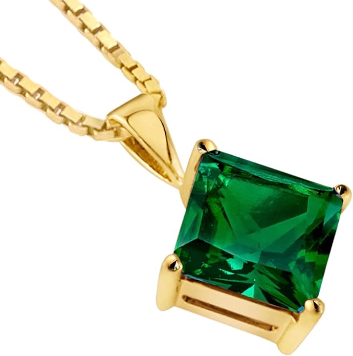 PEORA 14K Yellow Gold Created Emerald Pendant for Women, Classic Solitaire, 2.25 Carats Princess Cut 8mm AAA Grade, Green Emerald Jewelry, May Birthstone, Gifts for Birthday, Anniversary, Wedding