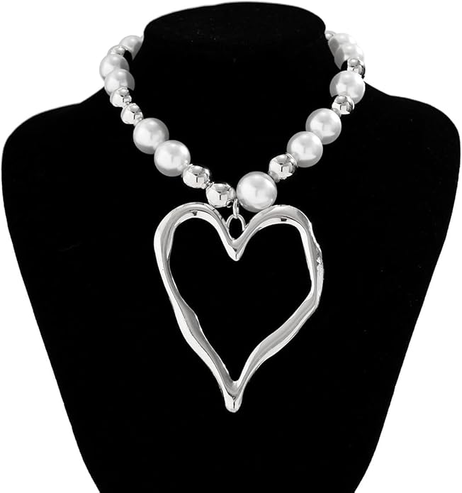 Y2k Large Heart Necklaces for Women Chunky Love Pearl Ball Beads Choker Necklaces Exaggerated Big Hollow Heart Pendant Necklace Statement Jewelry Gifts