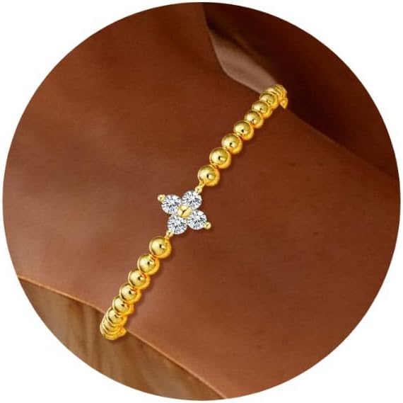 HZDK Gold Bracelets for Women - 14K Gold Plated Beaded Bracelets for Women Gold Jewelry Stackable Charm Bracelet Dainty Stretch Bead Bracelet Christmas Gifts for Her