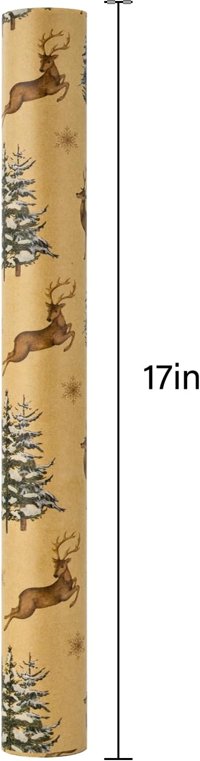 Garbendy Kraft Wrapping Paper Roll - 17 Inch X 32.8 Feet - Reindeer & Christmas Trees Design Printed in Wrapping Paper with Cut Lines on Reverse Perfect for Christmas, Birthday, Baby Shower,Party