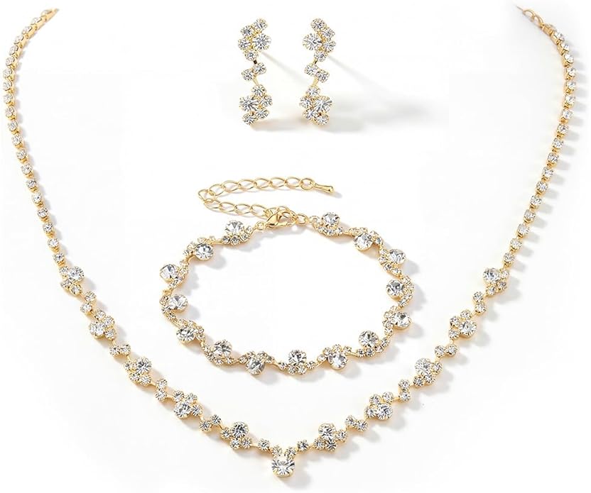 Unicra Bride Crystal Necklace Earrings Set Bridal Wedding Jewelry Sets Rhinestone Choker Necklace Costume Jewelry Set for Women and Brides (3 piece set - 2 earrings and 1 necklace)