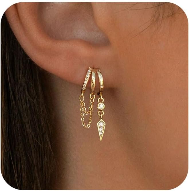 Dangle Earrings For Women,Dainty 14K Gold Plated Hypoallergenic Small Triple Huggie Hoop Earring Gothic Cute Cross Moon Star Drop Earrings For Women Trendy Gold Statement Stud Earring Jewelry