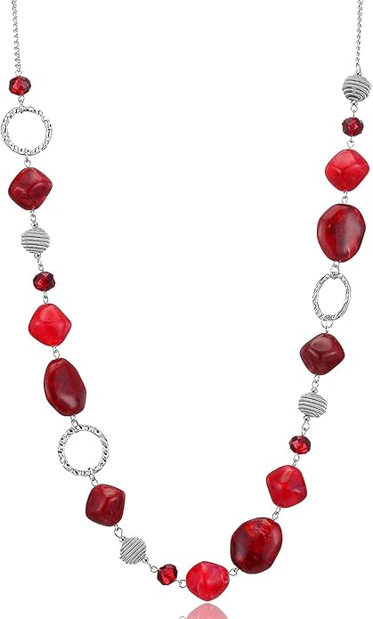 BULINLIN Beaded Long Necklace for Women Silver Sweater Chain Necklace with Crystal Resin Beads, Fashion Jewelry Necklace