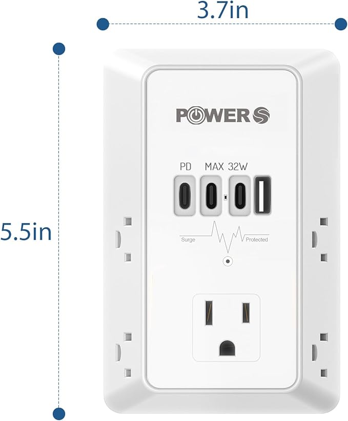 20W PD Fast Charging Wall Outlet with USB Ports (3C1A), Electrical Outlet Extender, Surge Protector, Wall Plug Adapter for Multiple Devices, Wall Socket Expander