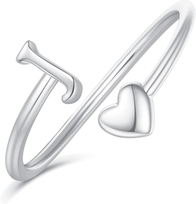 Initial Rings for Women Girls - Valentines Day Gifts for Her, Adjustable Rings for Women Non Tarnish Letter A-Z Dainty Heart Ring Teen Girls Gifts Trendy Stuff Personalized Jewelry Gift
