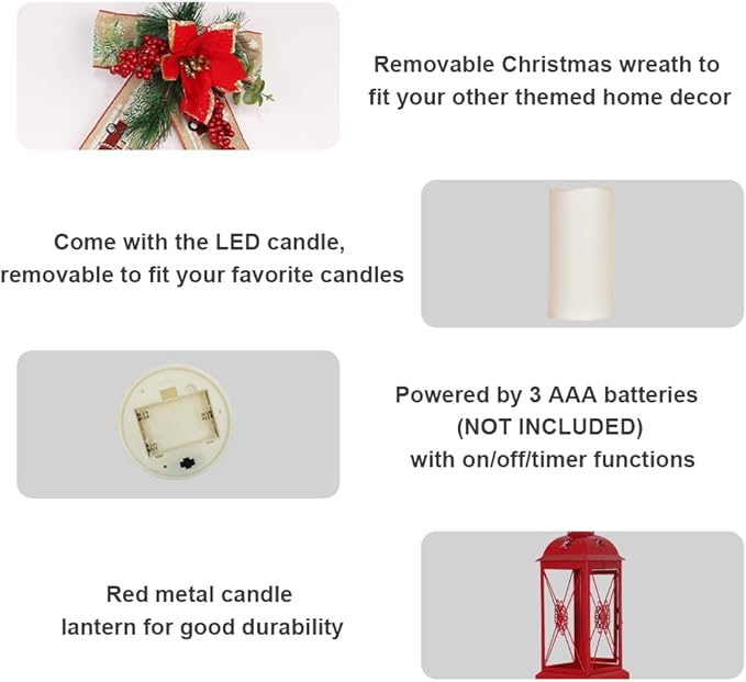DECORKEY Christmas Decorations, 18” Metal Christmas Lantern with LED Candle and Floral Accents for Home Decor, Decorative Hanging Candle Holder Indoor Outdoor for Table Centerpieces, Porch, Patio