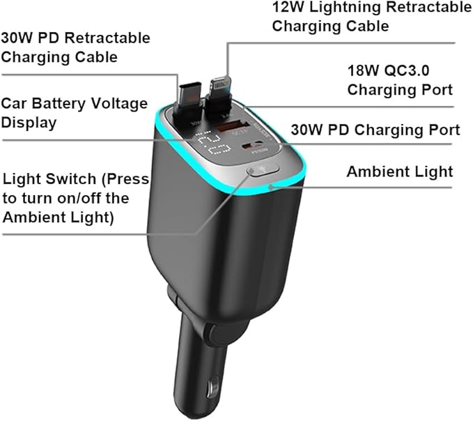 Retractable Car Charger 90W USB C Car Charger Adapter Fast Charging, Gift for Men, Car Accessories