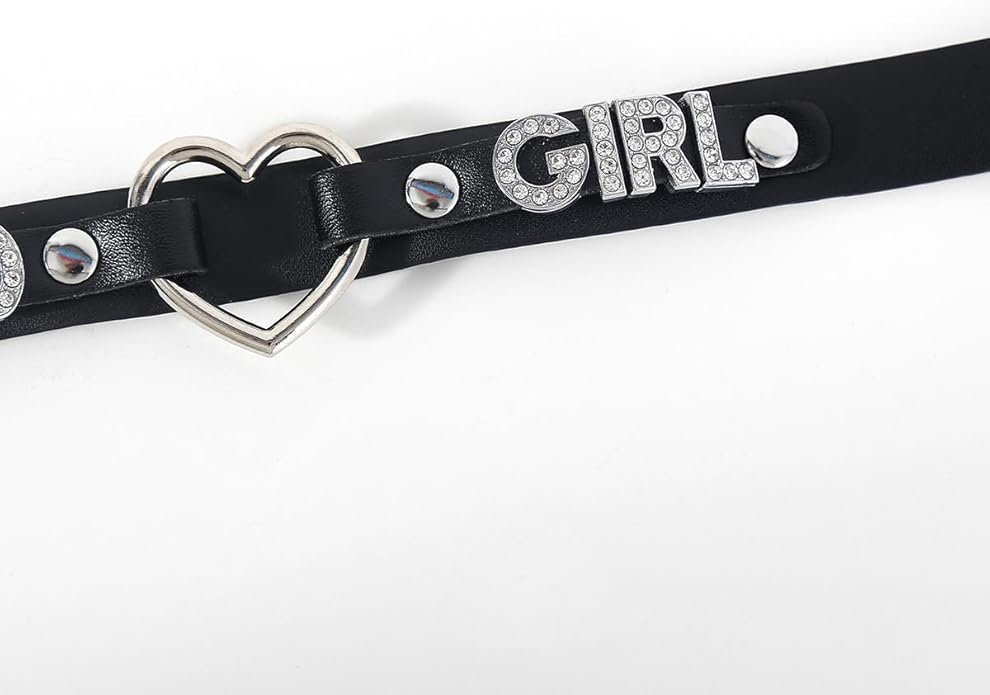 Succuba Handmade Heart Ring Rhinestone Letter Pu Leather Choker Collar Necklace for Women and Men