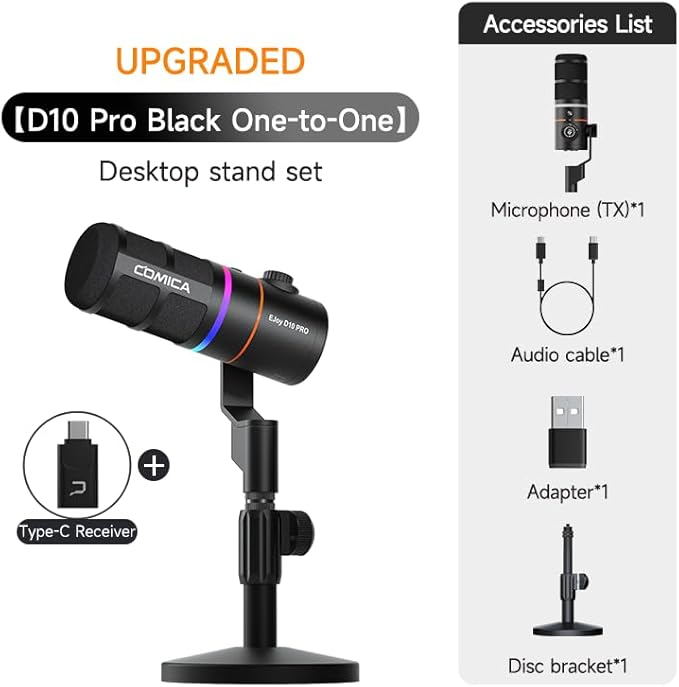 EJoy D10 PRO(D) Wireless USB Gaming Microphone – RGB Dynamic Mic with Wired/Wireless Modes, XLR/USB-C, Real-Time Monitoring, 45H Battery, Studio Mic for Gaming, Streaming, Podcast, Recording (Black)