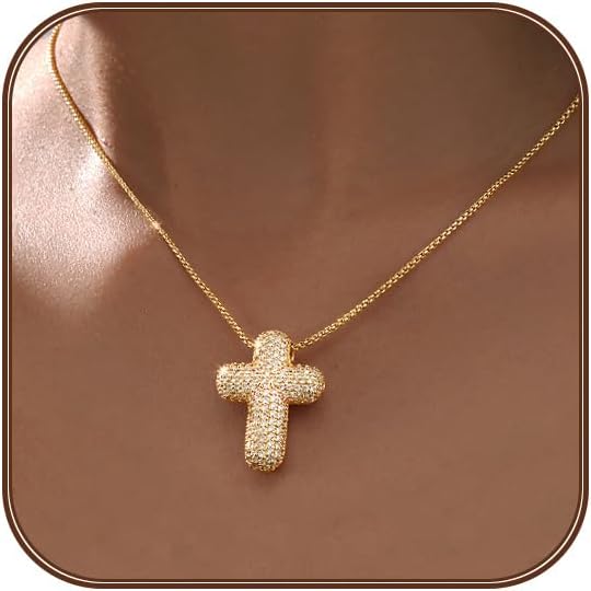 OGD Bubble Cross Necklace for Women 14k Gold Plated Cross Necklace Stackable Dainty Gold Necklace Mariner Chain Necklace CZ Cross Pendant Necklaces Set Simple Jewelry Gift