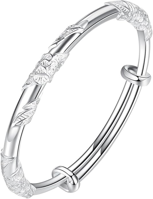 Solid 925 Sterling Silver Bracelets for Women Simple Adjustable Bangle Bracelet