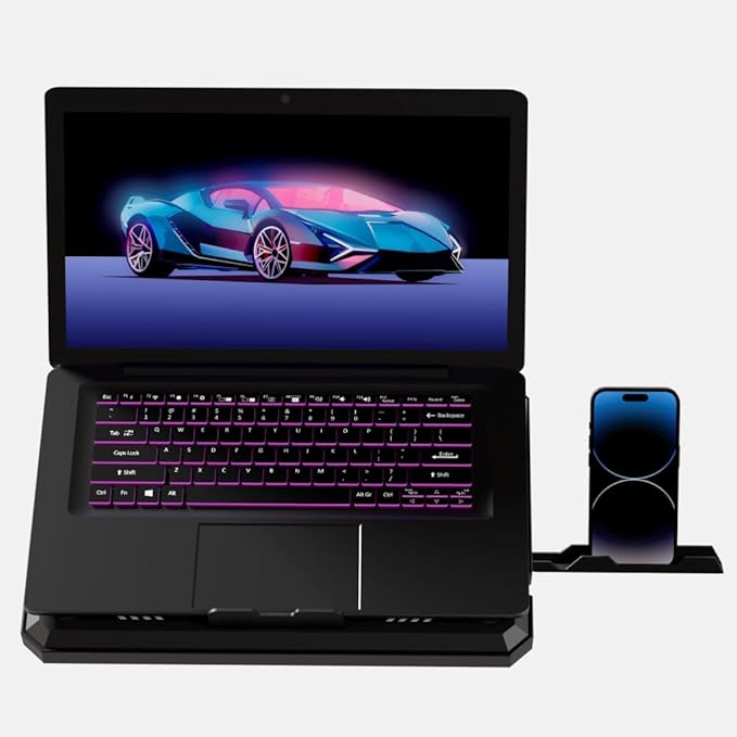 Gaming Crystal Shell Laptop Cooling Pad with Phone Holder, Dual High-Speed Fans, 8-Level Adjustable Height, RGB Lighting, Anti-Slip Base, USB-A & USB-C Ports – Black (for 10-17” Laptops)