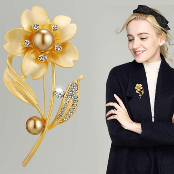Crystal Pearl Flower Brooches Pins Fashion Beautiful Created Rhinestone Floral Brooch Good Idea for Party Dance Wedding Banquet for Elegant Women Girl