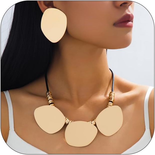 Chunky Gold Statement Necklace Earring Set for Women Minimalist Irregular Round Earrings Vintage Leather Big Golden Geometric Oval Choker Necklaces Trendy Party Jewelry Set for Women
