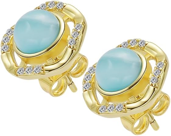 Larimar Stone Stud Earrings for Women, Gold Plated Brass