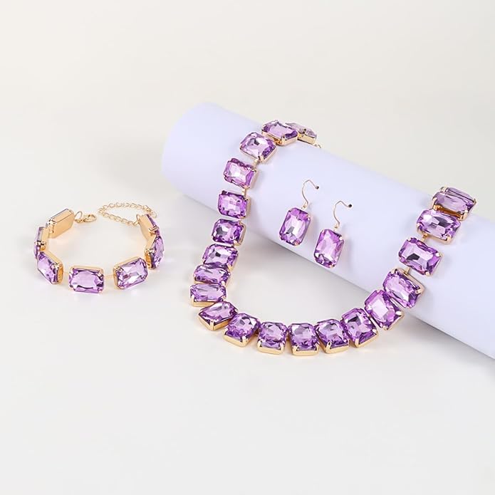 KOSMOS-LI Rectangle Faux Crystal Jewelry Sets Includ Necklace Bracelet Earrings For Women Stocking Stuffers
