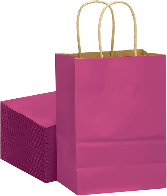 qiqee Large Kraft Paper Bags with Handles 13"x10"x5" 32 pcs Gift Paper Bag Rosy Solid Color Bags（Large Size）