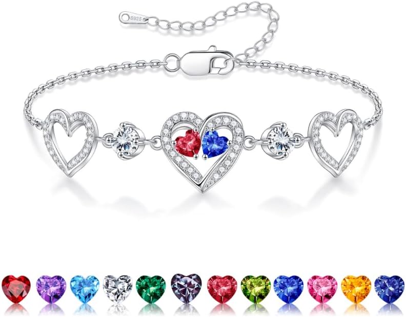 Iefil Valentines Day Gifts for Her - 925 Sterling Silver Heart Birthstone Bracelet Birthday Anniversary Jewelry Gifts for Her Wife