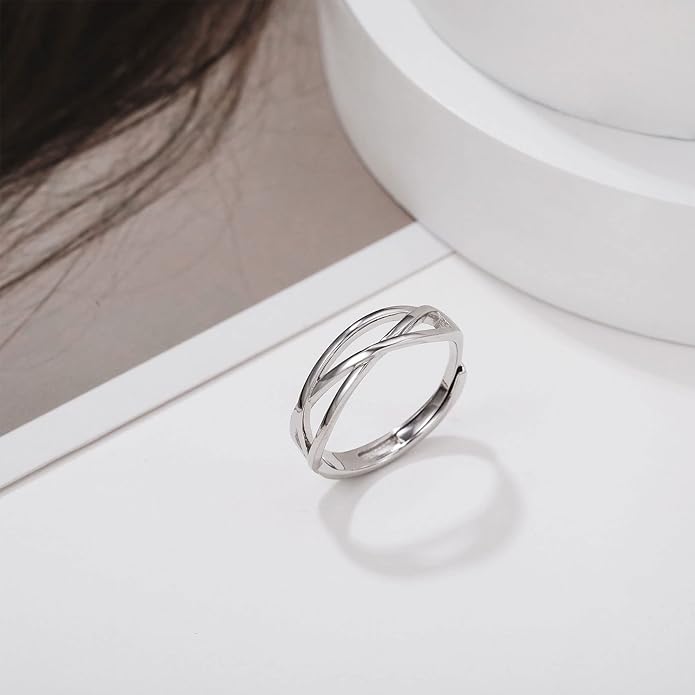 OOOPEL Sterling Silver Adjustable Ring S925 Silver Rings for Women Cubic Zirconia Twist Love Knot Dainty Ring Silver Minimalist Open Finger Rings Silver Thumb Sterling Silver Ring