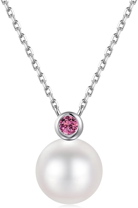 Iefil Valentines Day Gifts for Her - 9-10mm Freshwater Pearl Necklace for Women, Anniversary Birthday Gifts for Wife Mom Girlfriend, S925 Sterling Silver Pearl & Birthstone Necklace, Jewelry for Women