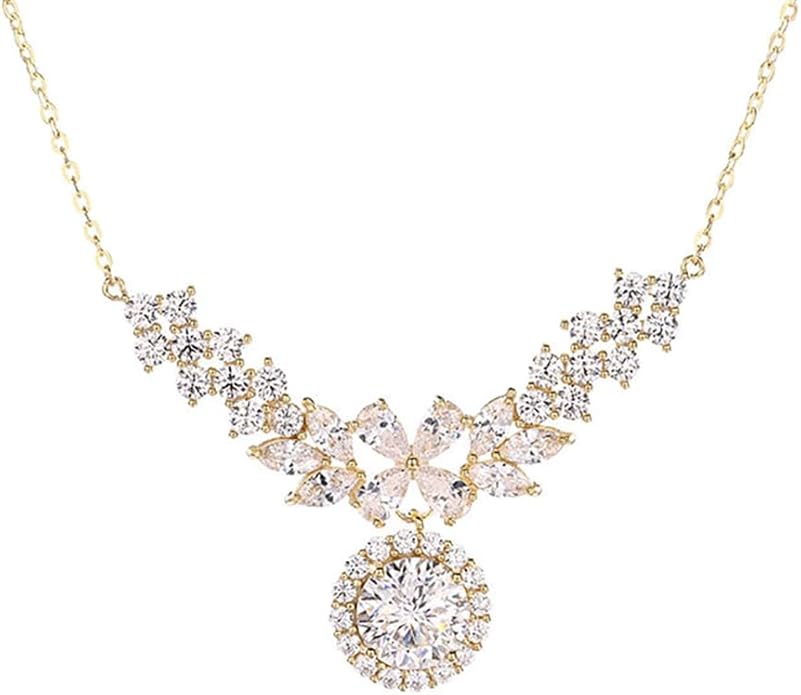 14K Gold D-color Round Cut Diamond Collarbone Necklace for Women, Ideal Gift for Your Beloved Wife, Choice for Special Occasions or Romantic Evenings Out,15.35+1.57" Chain
